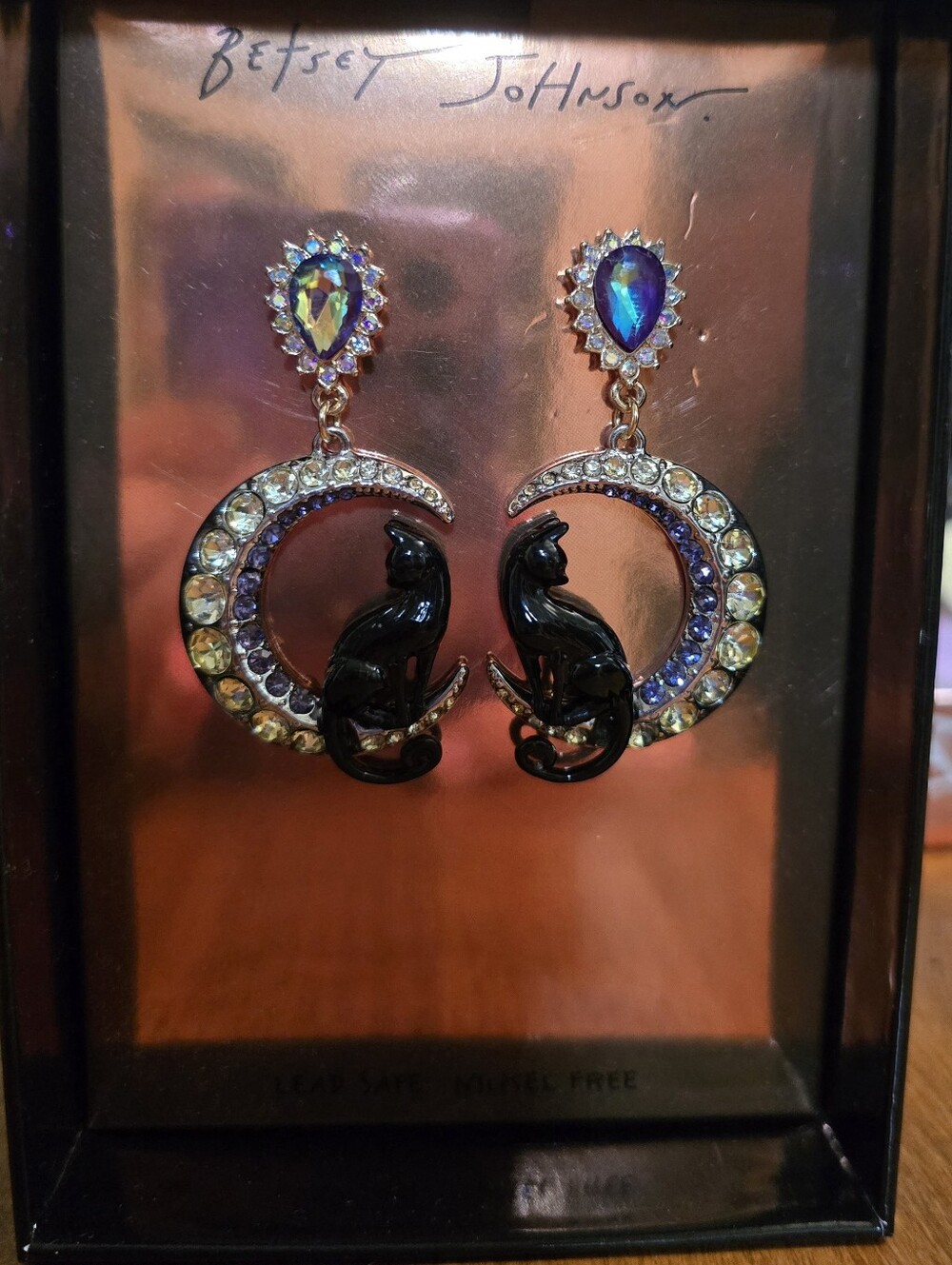 Betsey Johnson Black Cat Crescent Drop Earrings - Black